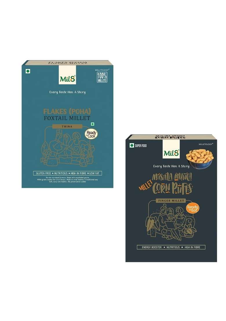 Mil8 Flakes (Aval) Foxtail & Corn Puffs Masala Combo (200Gram-30Gram) Nutritious, Delicious And Healthy Breakfast Solution - Indya