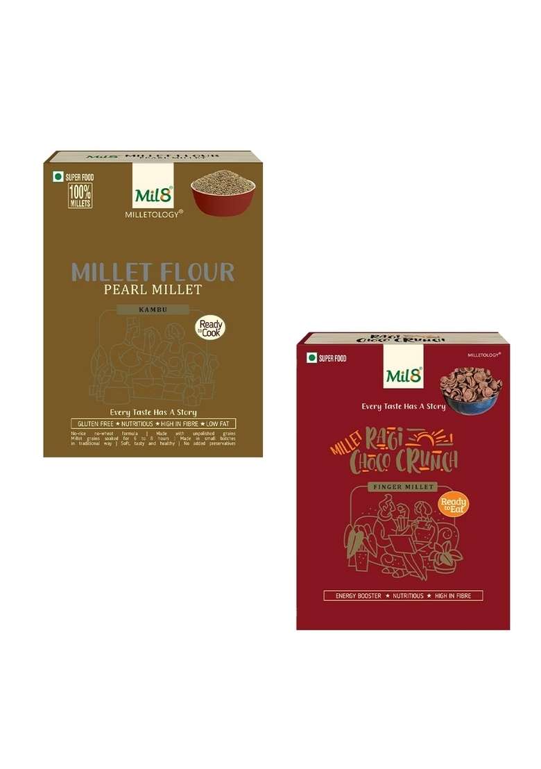 Mil8 Flour Pearl & Ragi Choco Crunch Combo (300Gram-80Gram) Nutritious, Delicious And Healthy Breakfast Solution - Indya
