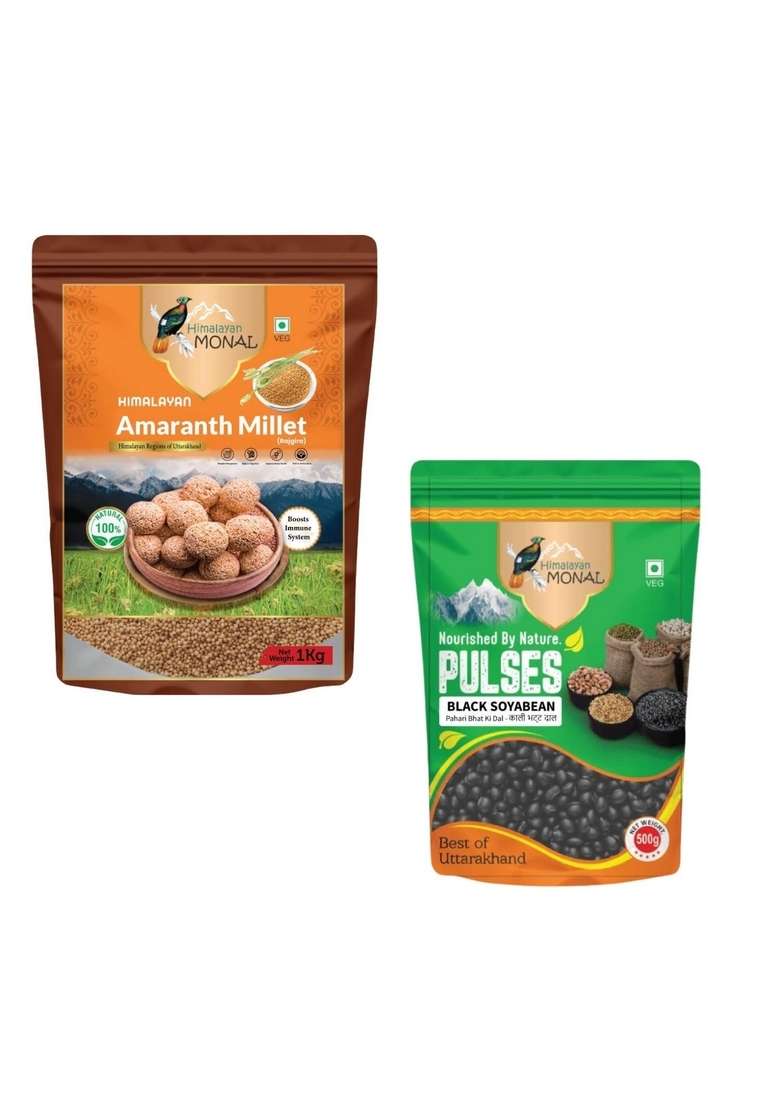Himalayan Monal Amaranth Millet Rajgira 1 Kg Veg Boosts Immune System And Nourished By Nature Pulses Black Soyabean Pahari Bhat Ki Dal 600G | Pack Of 3 - Indya