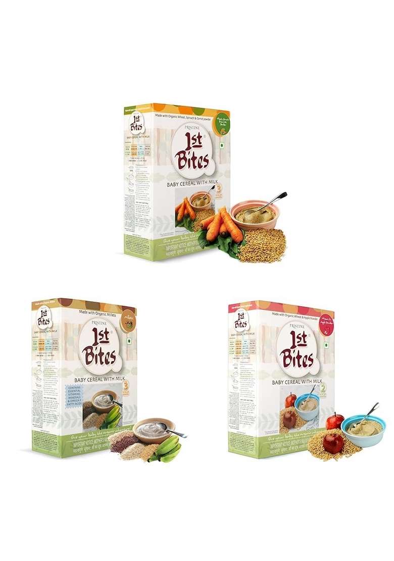 Pristine 1St Bites - Wheat, Spinach & Carrot Powder (10 Months - 24 Months) Stage - 3, 300G & Milletsstage - 3, 300G & Wheat & Apple Powder (8 Months - 24 Months) Stage - 2, 300G - Indya