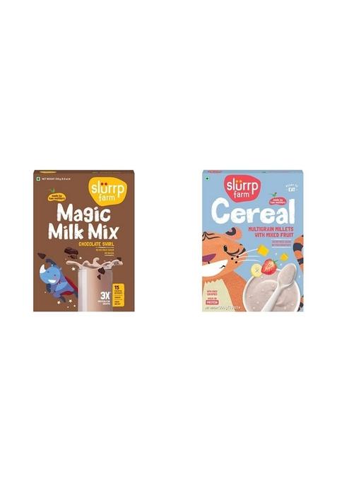 Slurrp Farm High Protein Chocolate Swirl Milk Mix | 250G & Slurrp Farm Multigrain Millets Cereal With Mixed Fruits And Rice Crispies, Instant Cereal For Growing Little Ones, No Refined Sugar, 300G