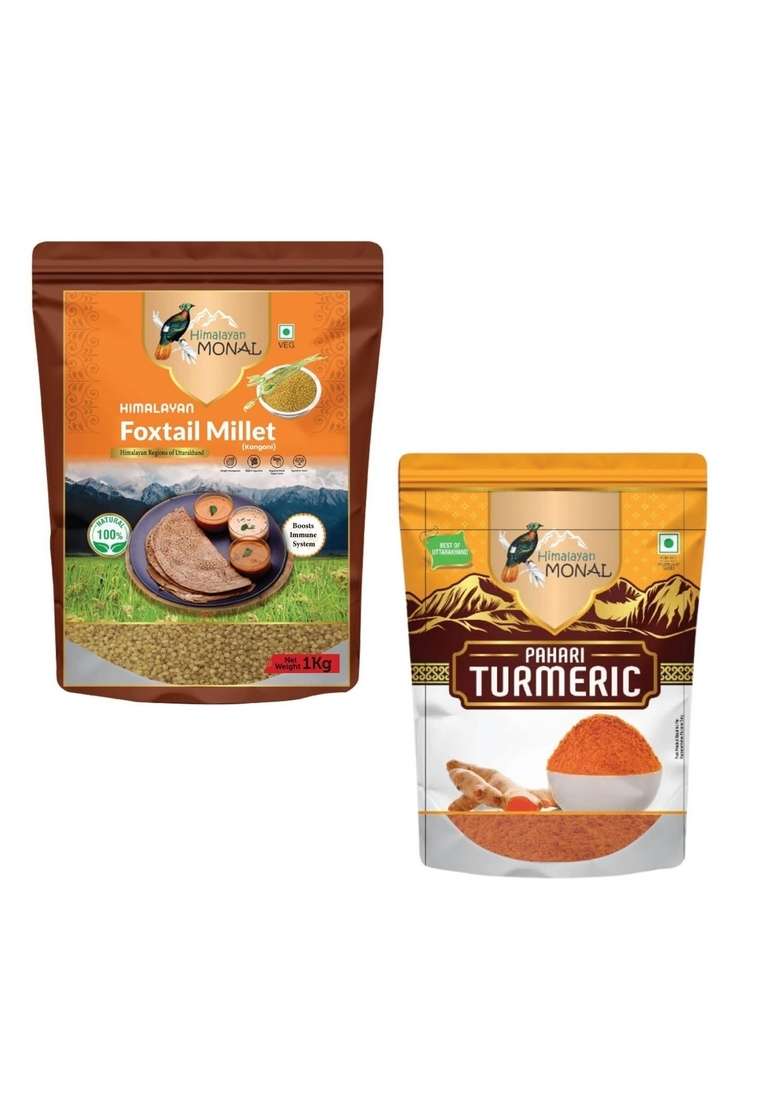 Himalayan Monal Foxtail Millet Kangani 1 Kg Boosts Immune System 100 Natural And Pahari Turmeric Powder 100G | Pack Of 4 - Indya