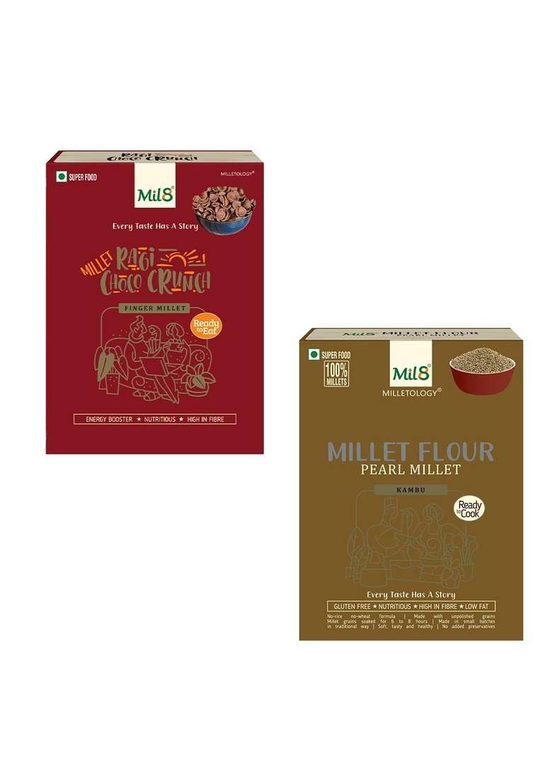 Mil8 Ragi Choco Crunch & Flour Pearl Millet Combo (80Gram-300Gram) Nutritious, Delicious And Healthy Breakfast Solution - Indya