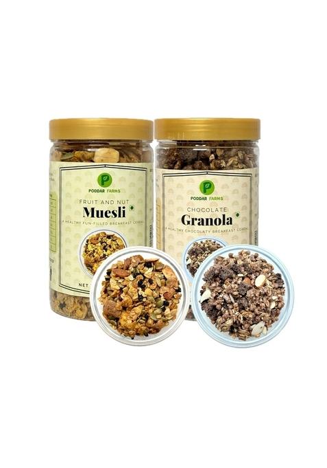 Poddar Farms® Fruit And Nut Muesli & Chocolate Granola Combo | Crunchy, Nutritious Mix With Premium Cocoa, Almonds, And Multigrain Crispies | Grains, Dried Fruits And Nuts | 600G | (350G + 250G)