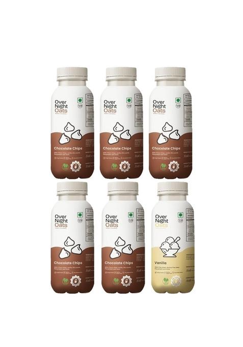 Overnight Oats With Vegan Protein | High Protein Oats Breakfast With Dietary Fibre | Just Add Milk | Ready In Minutes | No Preservatives | 5 Chocolate Chips + 1 Vanilla (Pack Of 6, 50G Each)