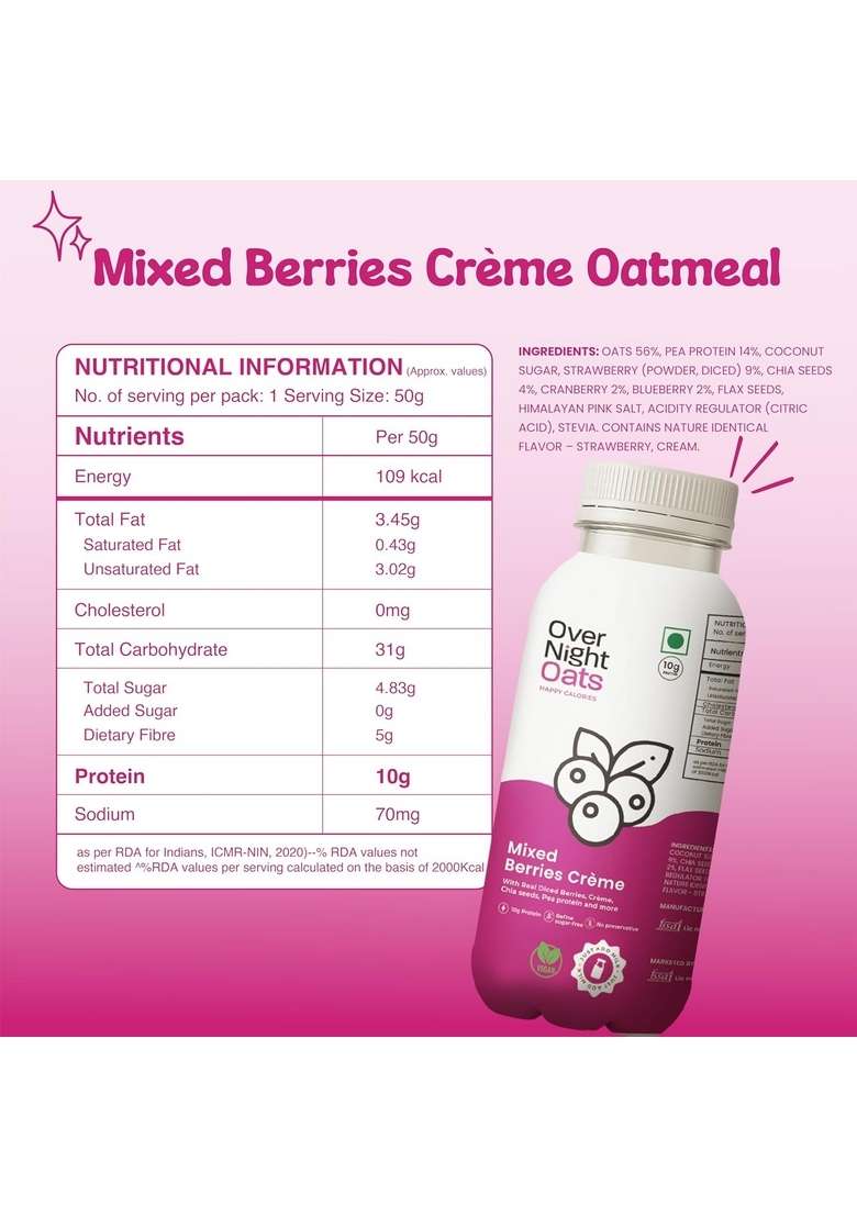 Overnight Oats With Vegan Protein | High Protein Oats Breakfast With Dietary Fibre | Just Add Milk | Ready In Minutes | No Preservatives | 3 Banana Cake + 3 Mixed Berries (Pack Of 6, 50G Each) - Indya