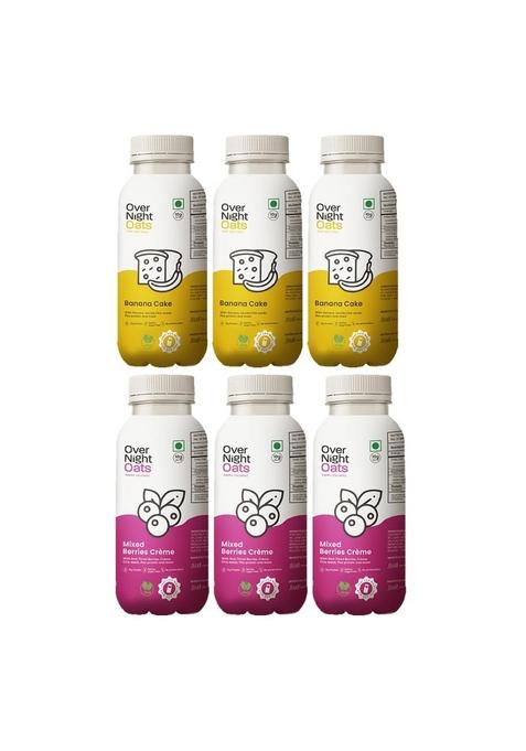 Overnight Oats With Vegan Protein | High Protein Oats Breakfast With Dietary Fibre | Just Add Milk | Ready In Minutes | No Preservatives | 3 Banana Cake + 3 Mixed Berries (Pack Of 6, 50G Each)