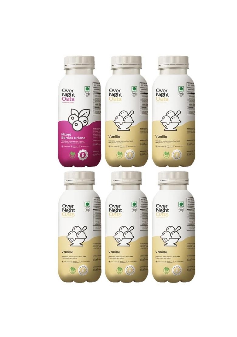 Overnight Oats With Vegan Protein | High Protein Oats Breakfast With Dietary Fibre | Just Add Milk | Ready In Minutes | No Preservatives | 1 Mixed Berries + 5 Vanilla (Pack Of 6, 50G Each)