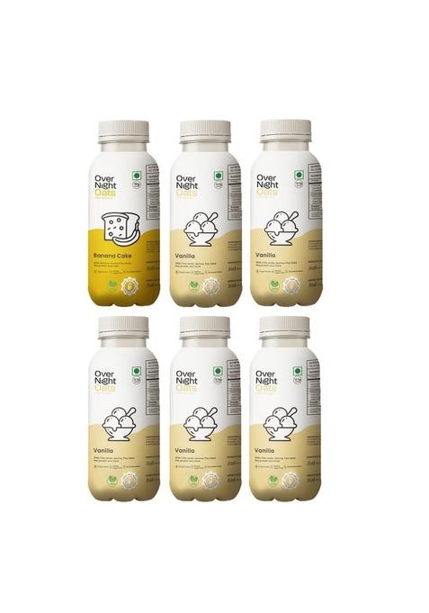 Overnight Oats With Vegan Protein | High Protein Oats Breakfast With Dietary Fibre | Just Add Milk | Ready In Minutes | No Preservatives | 1 Banana Cake + 5 Vanilla (Pack Of 6, 50G Each)