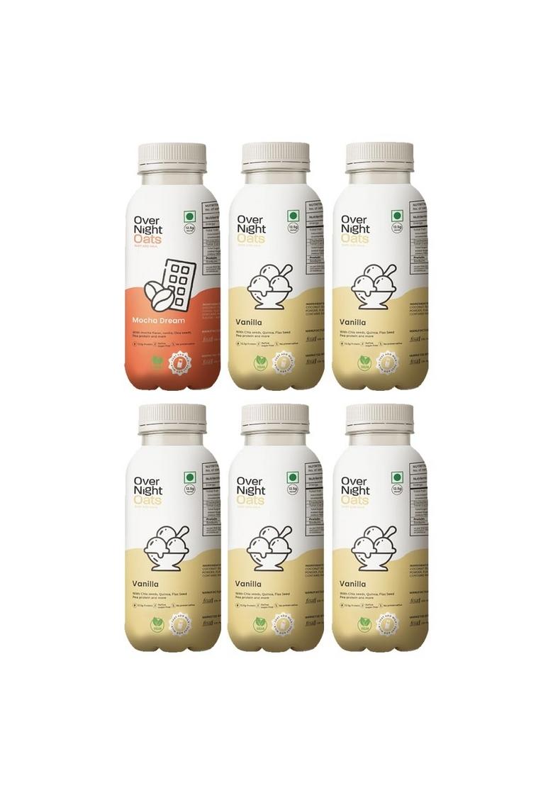 Overnight Oats With Vegan Protein | High Protein Oats Breakfast With Dietary Fibre | Just Add Milk | Ready In Minutes | No Preservatives | 1 Mocha + 5 Vanilla (Pack Of 6, 50G Each)