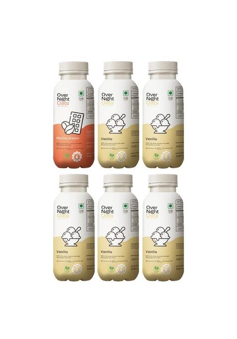 Overnight Oats With Vegan Protein | High Protein Oats Breakfast With Dietary Fibre | Just Add Milk | Ready In Minutes | No Preservatives | 1 Mocha + 5 Vanilla (Pack Of 6, 50G Each)