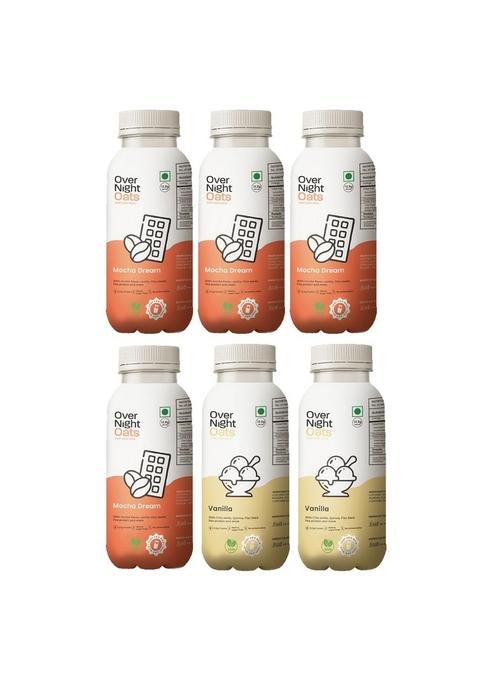 Overnight Oats With Vegan Protein | High Protein Oats Breakfast With Dietary Fibre | Just Add Milk | Ready In Minutes | No Preservatives | 4 Mocha + 2 Vanilla (Pack Of 6, 50G Each)