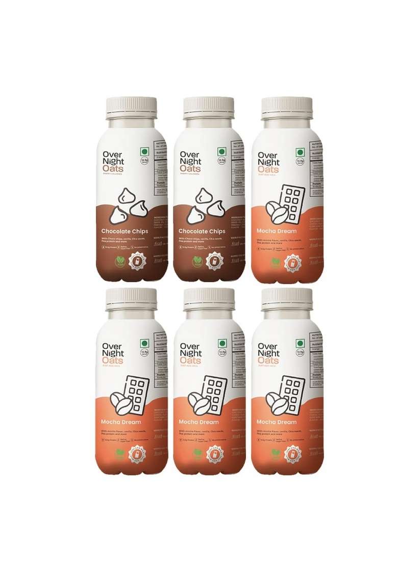 Overnight Oats With Vegan Protein | High Protein Oats Breakfast With Dietary Fibre | Just Add Milk | Ready In Minutes | No Preservatives | 2 Chocolate Chips + 4 Mocha (Pack Of 6, 50G Each) - Indya