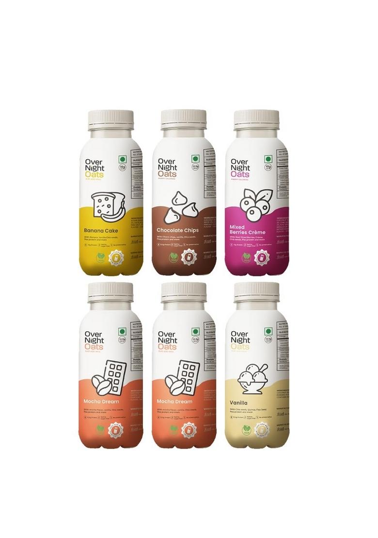 Overnight Oats With Vegan Protein | High Protein Oats Breakfast With Dietary Fibre | No Preservatives | 1 Banana Cake + 1 Chocolate Chips + 1 Mixed Berries + 2 Mocha + 1 Vanilla (Pack Of 6, 50G Each)