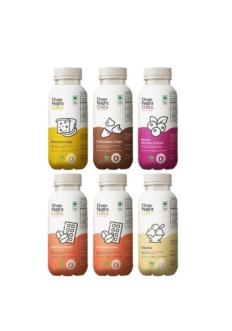 Overnight Oats With Vegan Protein | High Protein Oats Breakfast With Dietary Fibre | No Preservatives | 1 Banana Cake + 1 Chocolate Chips + 1 Mixed Berries + 2 Mocha + 1 Vanilla (Pack Of 6, 50G Each)