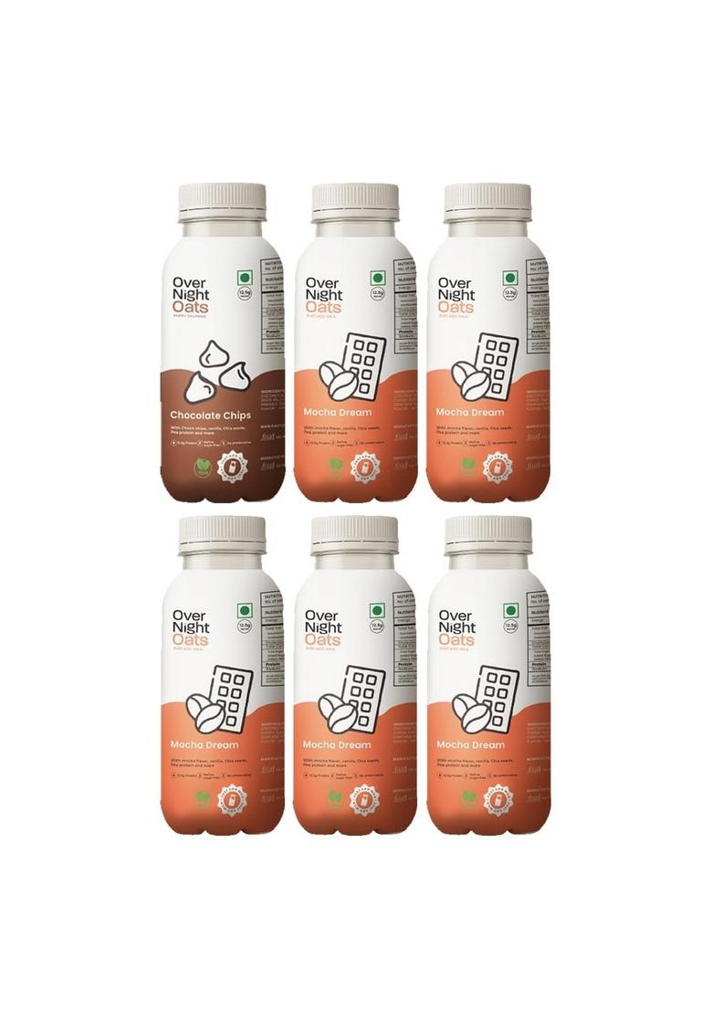 Overnight Oats With Vegan Protein | High Protein Oats Breakfast With Dietary Fibre | Just Add Milk | Ready In Minutes | No Preservatives | 1 Chocolate Chips + 5 Mocha (Pack Of 6, 50G Each)