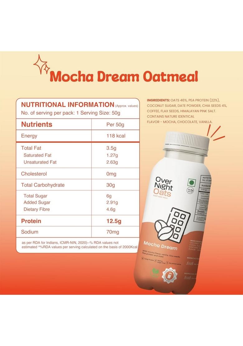 Overnight Oats With Vegan Protein | High Protein Oats Breakfast With Dietary Fibre | Just Add Milk | Ready In Minutes | No Preservatives | 1 Chocolate Chips + 5 Mocha (Pack Of 6, 50G Each)