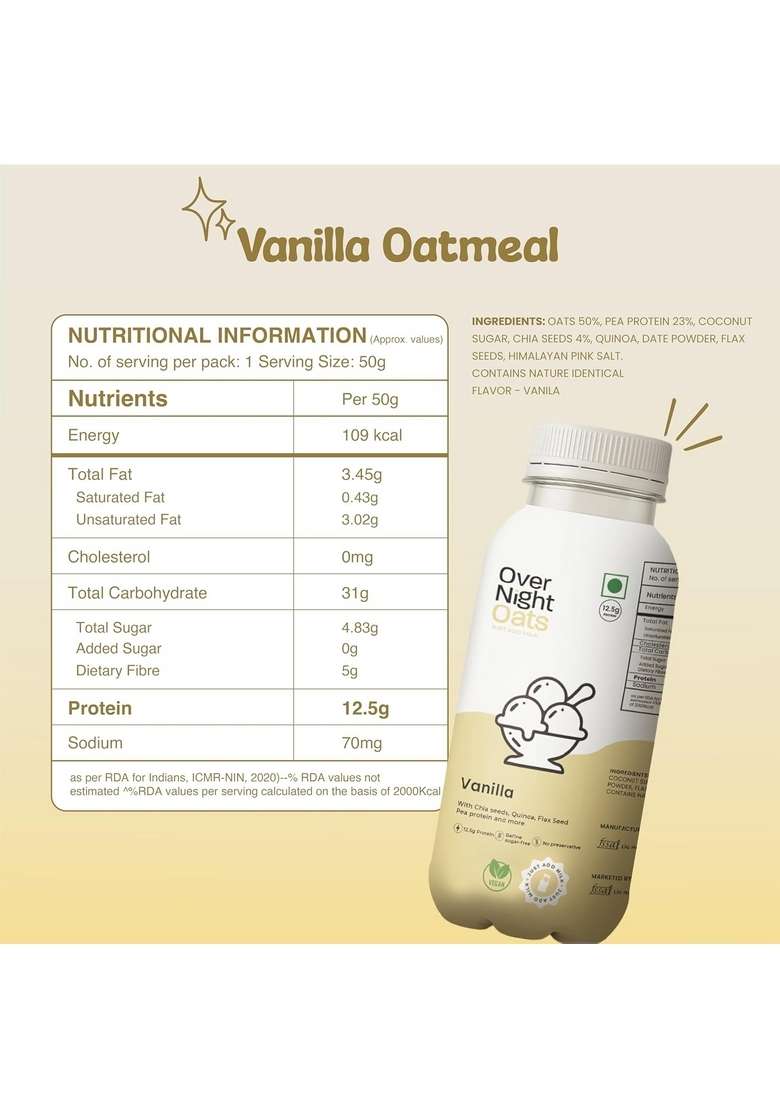 Overnight Oats With Vegan Protein | High Protein Oats Breakfast With Dietary Fibre | Just Add Milk | Ready In Minutes | No Preservatives | 4 Banana Cake + 2 Vanilla (Pack Of 6, 50G Each) - Indya