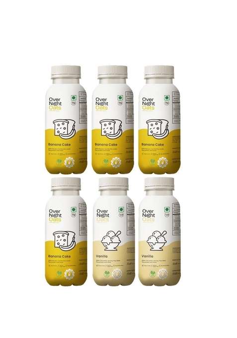 Overnight Oats With Vegan Protein | High Protein Oats Breakfast With Dietary Fibre | Just Add Milk | Ready In Minutes | No Preservatives | 4 Banana Cake + 2 Vanilla (Pack Of 6, 50G Each)