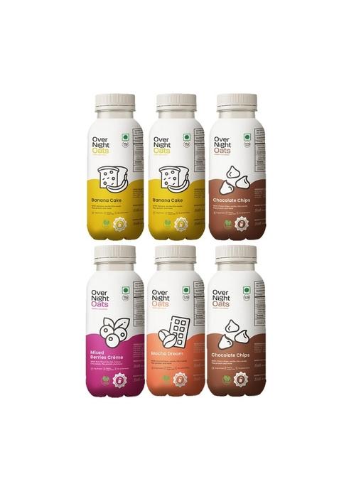 Overnight Oats With Vegan Protein | High Protein Oats Breakfast With Dietary Fibre | No Preservatives | 2 Banana Cake + 2 Chocolate Chips + 1 Mixed Berries + 1 Mocha (Pack Of 6, 50G Each)