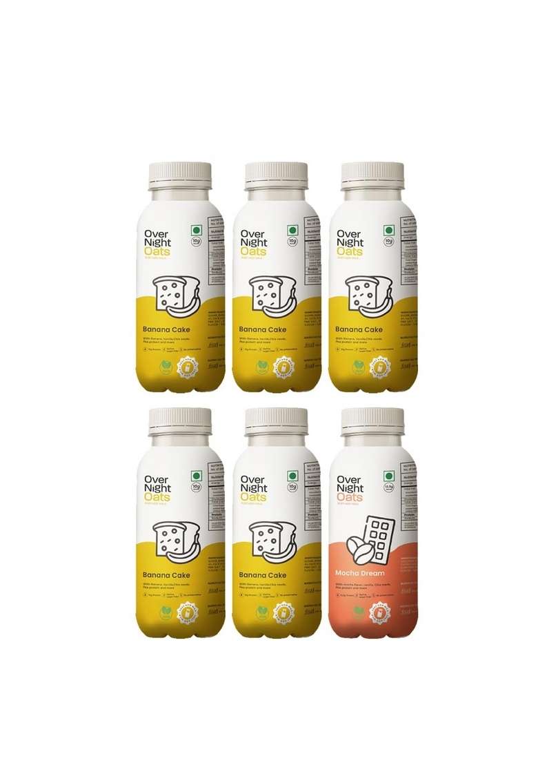 Overnight Oats With Vegan Protein | High Protein Oats Breakfast With Dietary Fibre | Just Add Milk | Ready In Minutes | No Preservatives | 5 Banana Cake + 1 Mocha (Pack Of 6, 50G Each) - Indya