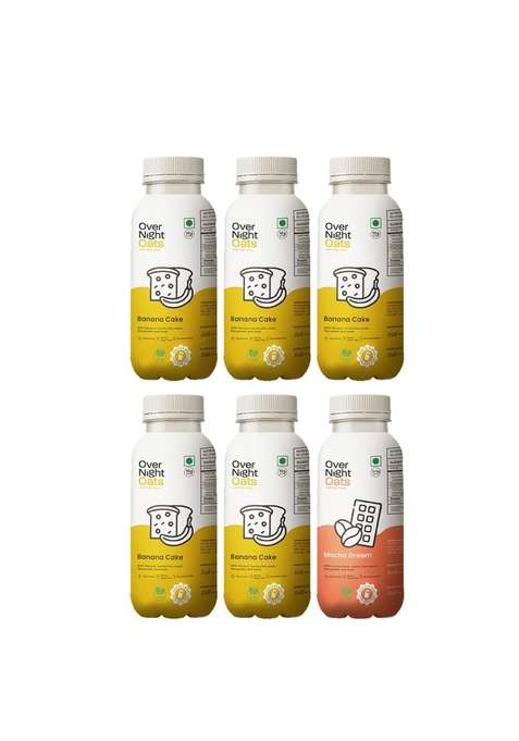Overnight Oats With Vegan Protein | High Protein Oats Breakfast With Dietary Fibre | Just Add Milk | Ready In Minutes | No Preservatives | 5 Banana Cake + 1 Mocha (Pack Of 6, 50G Each)