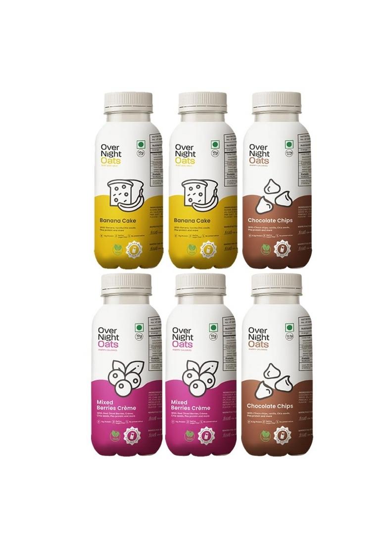 Overnight Oats With Vegan Protein | High Protein Oats Breakfast With Dietary Fibre | Ready In Minutes | No Preservatives | 2 Banana Cake + 2 Chocolate Chips +2 Mixed Berries (Pack Of 6, 50G)