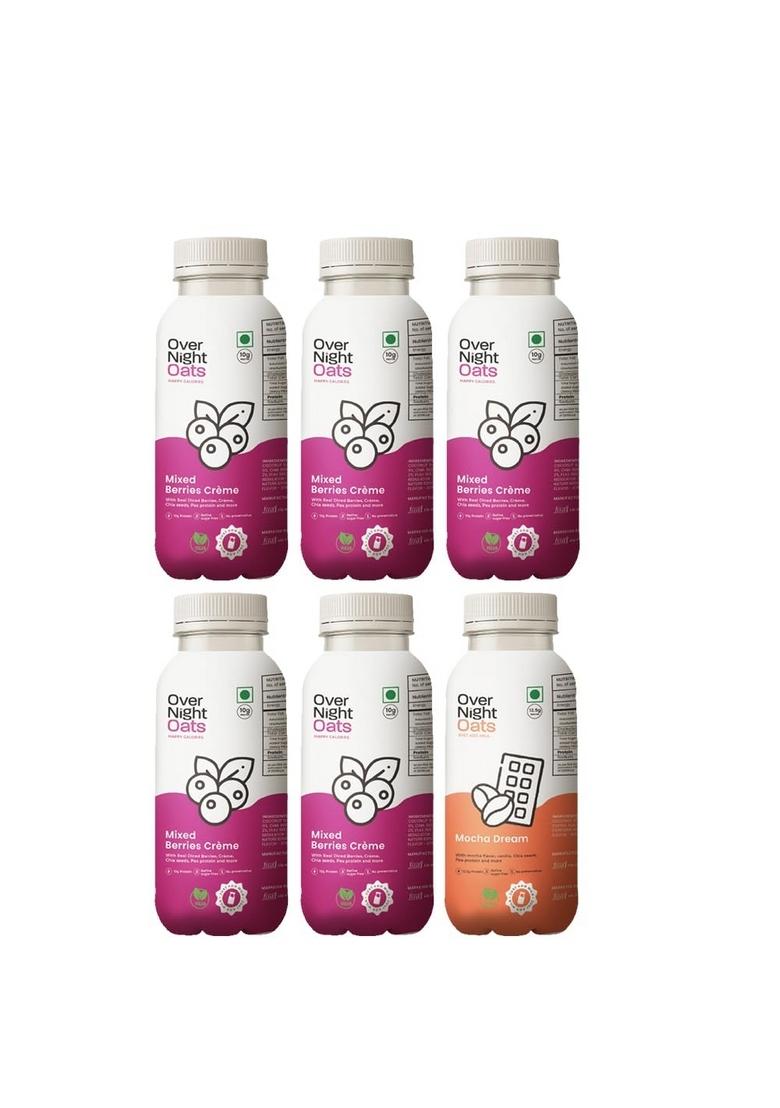 Overnight Oats With Vegan Protein | High Protein Oats Breakfast With Dietary Fibre | Just Add Milk | Ready In Minutes | No Preservatives | 5 Mixed Berries + 1 Mocha (Pack Of 6, 50G Each)