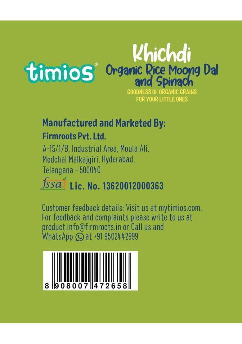 Timios Organic Rice, Dal & Spinach Porridge For 8+ Months- Pack Of 1 - Indya