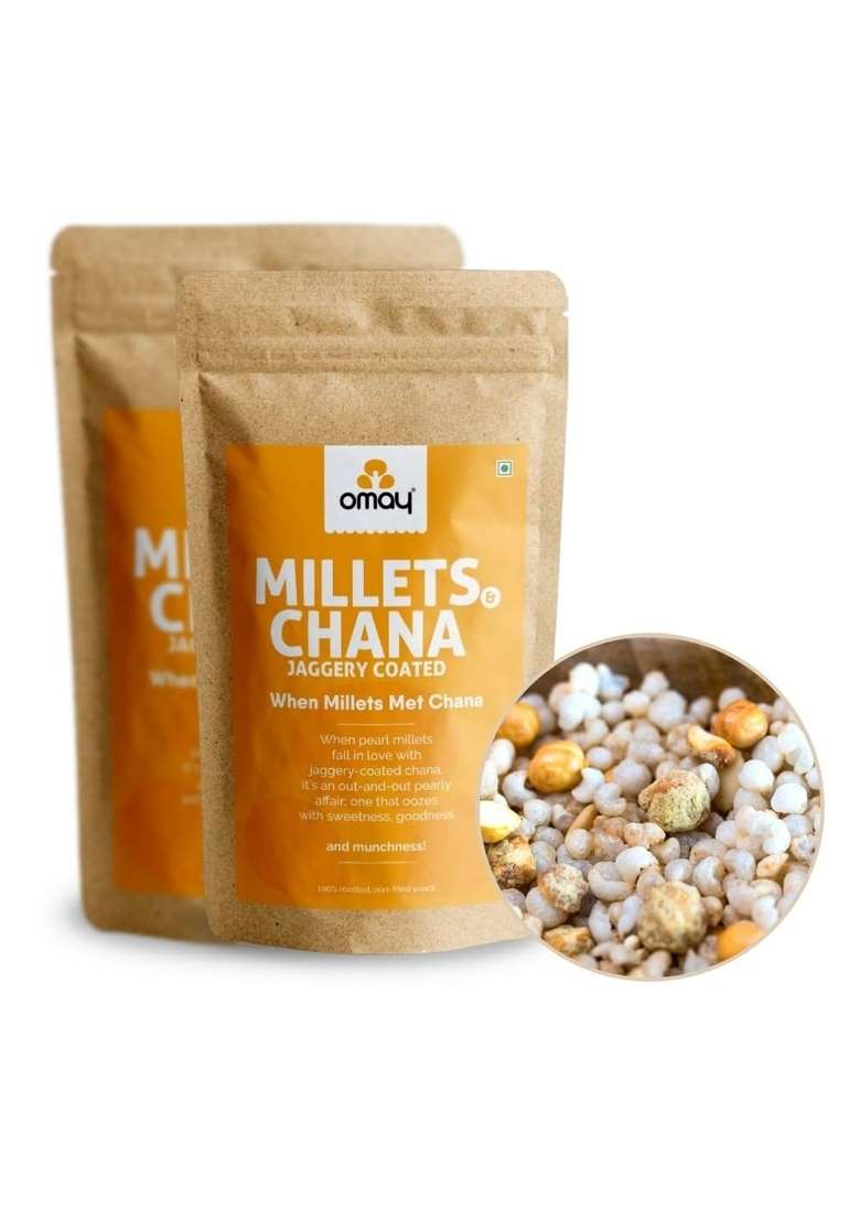 Omay Foods Millets & Jaggery Coated Chana, 200g Pouch (Pack of 2) | Healthy Roasted Snack 100% Oil-Free Gur Bajra No added Sugar Ready To Eat Guilt Free - Indya