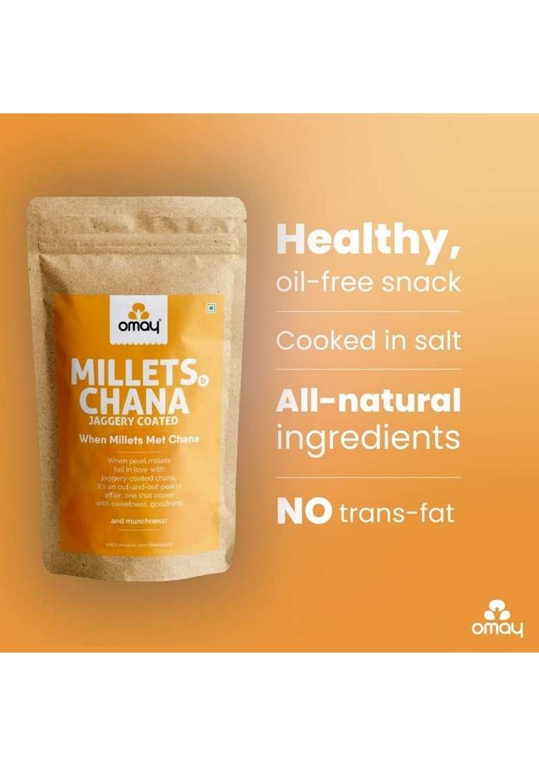 Omay Foods Millets & Jaggery Coated Chana, 200g Pouch (Pack of 2) | Healthy Roasted Snack 100% Oil-Free Gur Bajra No added Sugar Ready To Eat Guilt Free - Indya