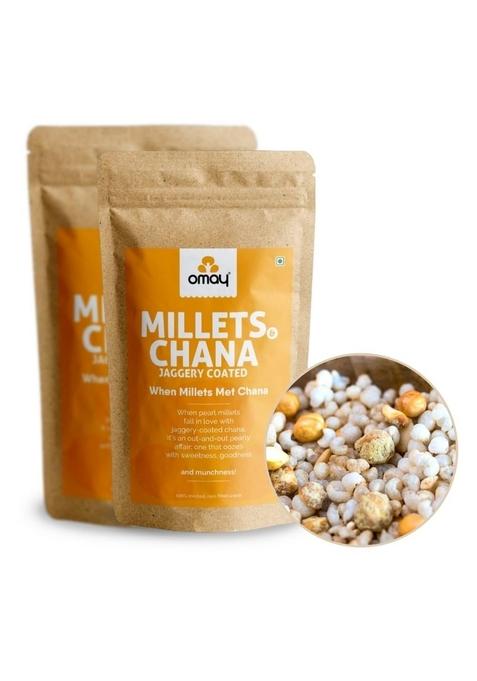 Omay Foods Millets & Jaggery Coated Chana, 200g Pouch (Pack of 2) | Healthy Roasted Snack 100% Oil-Free Gur Bajra No added Sugar Ready To Eat Guilt Free