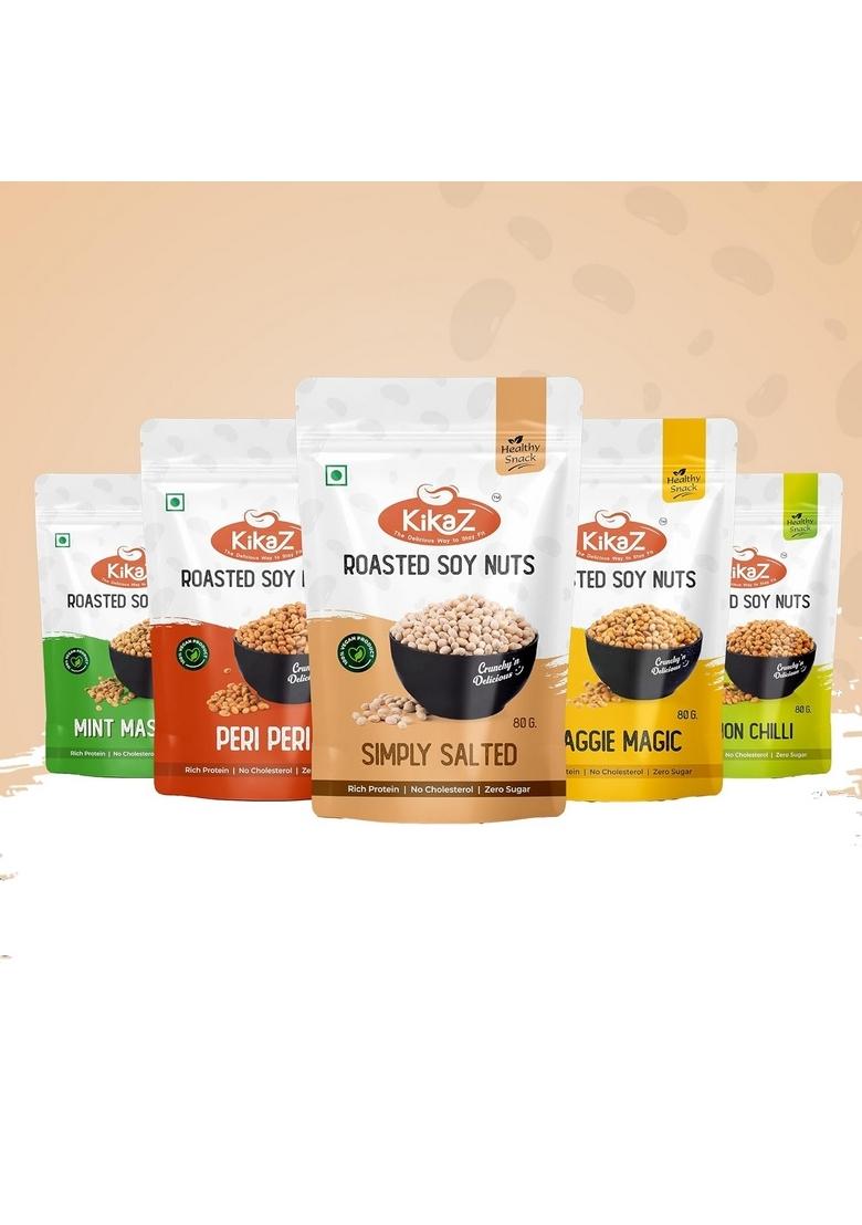 Kikaz Roasted Soyabean Buy 4 Get 1 Free 80g Each, Mixed Flavours Combo, High Protein, Vegan & Gluten-Free, Not Fried, Spicy Crunchy Namkeen Snack, Healthy Soya Nuts for Fitness Diet