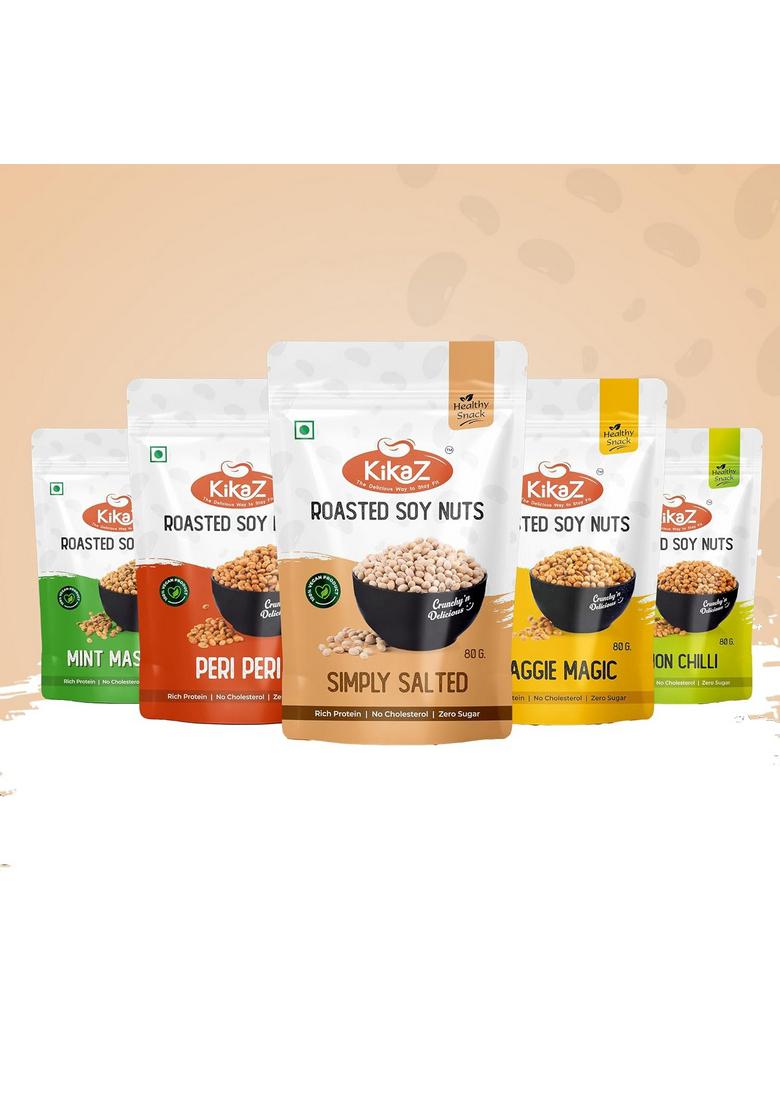 Kikaz Roasted Soyabean Buy 4 Get 1 Free 80g Each, Mixed Flavours Combo, High Protein, Vegan & Gluten-Free, Not Fried, Spicy Crunchy Namkeen Snack, Healthy Soya Nuts for Fitness Diet