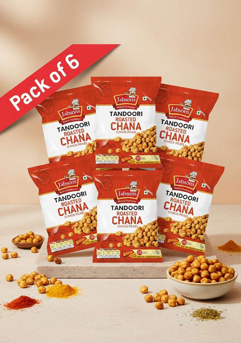 Jabsons Roasted Chana Tandoori Pack of 6 (140g Each) | Skinless Chickpeas Masala Namkeen High Protein Gluten-Free Indian Snack Ready to Eat Healthy Bhuna - Indya