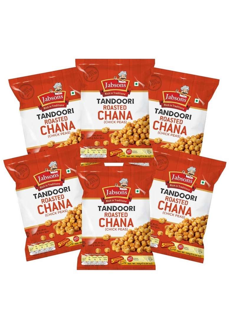 Jabsons Roasted Chana Tandoori Pack of 6 (140g Each) | Skinless Chickpeas Masala Namkeen High Protein Gluten-Free Indian Snack Ready to Eat Healthy Bhuna - Indya