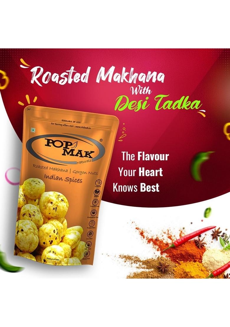 Popmak Roasted Makhana Indian Spices 80g Fox Nuts Healthy Snack All Natural Ingredients Resealable Pack Guilt Free Flavored