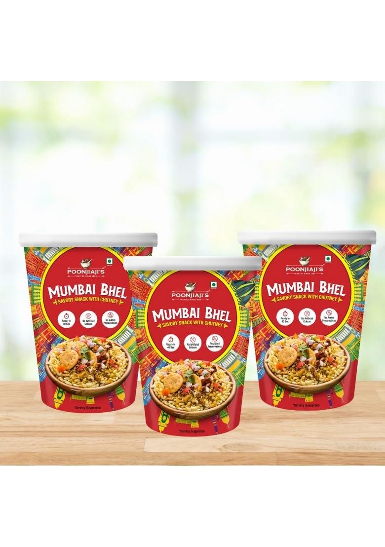 Poonjiaji’s Ready-to-Eat Mumbai Bhel 3x100g | Instant Indian Street Food Snack Tangy & Spicy Puri with Chutney Crunchy Travel-Friendly Cup No Cooking Required Chatpata Evening