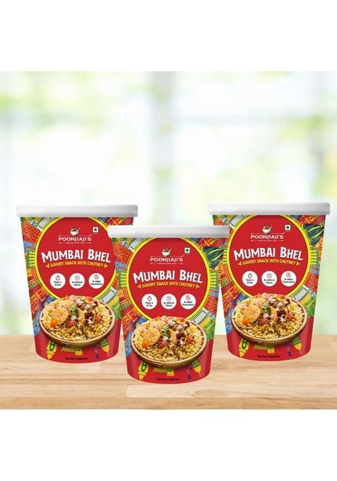 Poonjiaji’s Ready-to-Eat Mumbai Bhel 3x100g | Instant Indian Street Food Snack Tangy & Spicy Puri with Chutney Crunchy Travel-Friendly Cup No Cooking Required Chatpata Evening