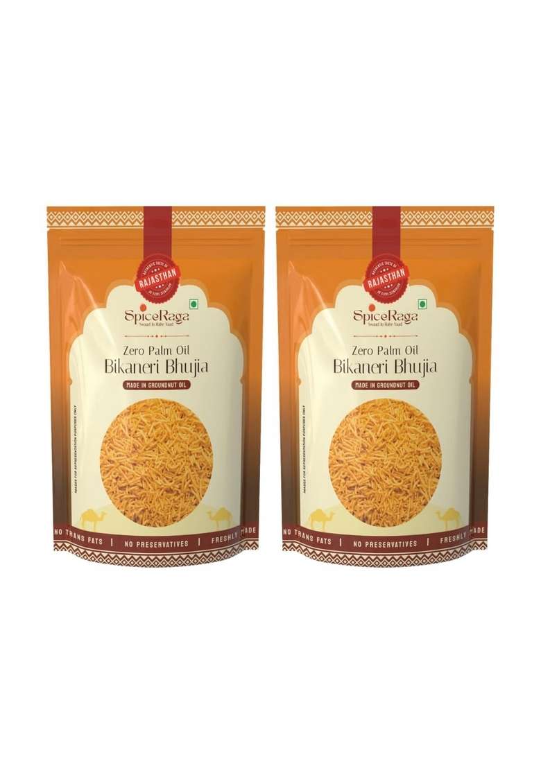 SPICERAGA | Bikaneri Bhujia Pack of 2 No Palm Oil Pure Groundnut Trans Fat Crispy & Spicy Teatime Snack Healthy Namkeen Moti Sev 100% Natural Ingredients 400g Each - Indya