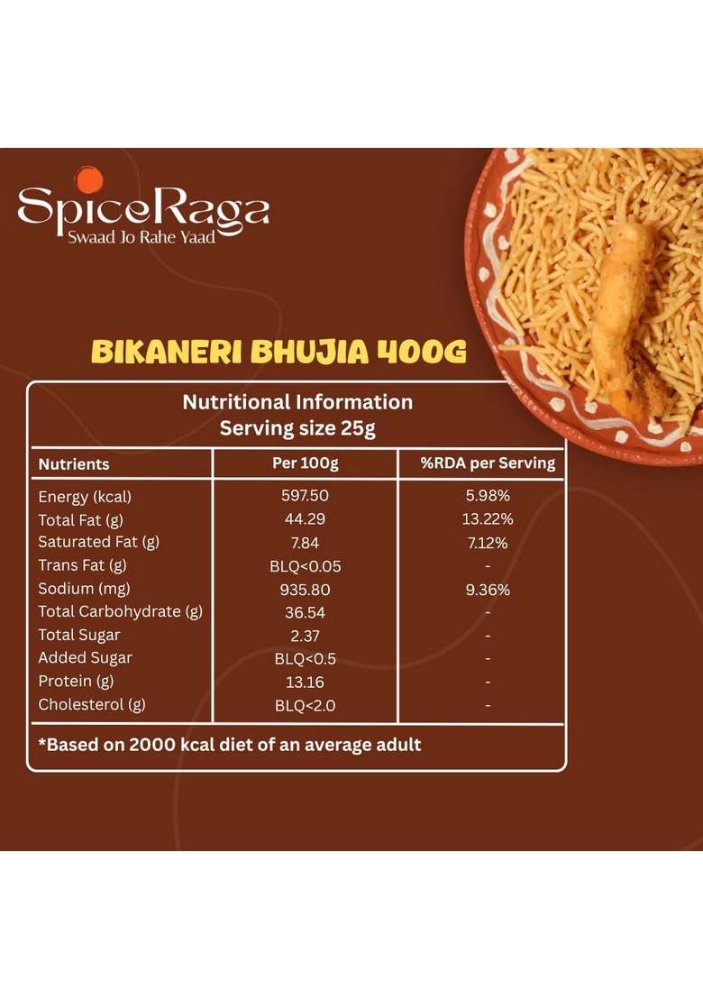 SPICERAGA | Bikaneri Bhujia Pack of 2 No Palm Oil Pure Groundnut Trans Fat Crispy & Spicy Teatime Snack Healthy Namkeen Moti Sev 100% Natural Ingredients 400g Each - Indya