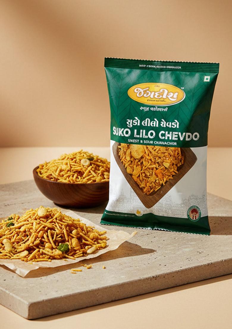 S.G.S Jagdish Farsan Suko Lilo Chevdo 500g | Authentic Gujarati Namkeen Dry Spicy Poha Mixture Traditional Indian Ready to Eat Crispy Tea Time Snack Pack