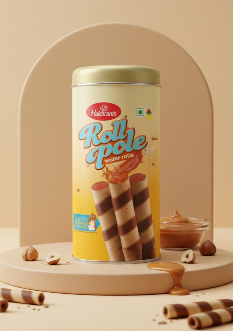 Haldiram's Roll Pole Salted Banana Caramel 150gm | Wafer Sticks Smooth Crunchy Snacks Crackers Sweet Treats for Kids Rich and Creamy Ready to Eat Dessert