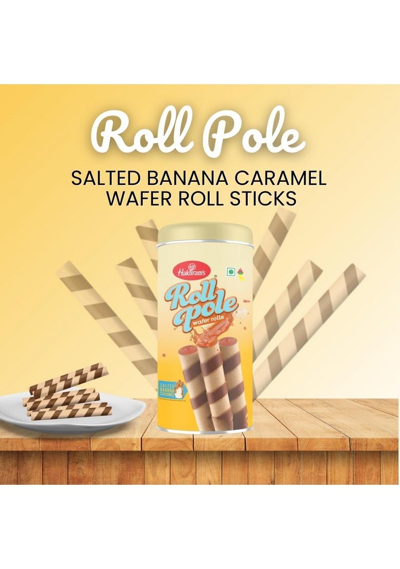 Haldiram's Roll Pole Salted Banana Caramel 150gm | Wafer Sticks Smooth Crunchy Snacks Crackers Sweet Treats for Kids Rich and Creamy Ready to Eat Dessert