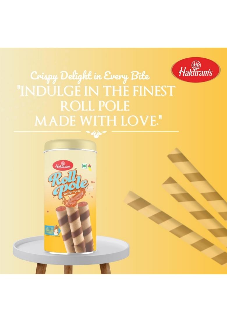 Haldiram's Roll Pole Salted Banana Caramel 150gm | Wafer Sticks Smooth Crunchy Snacks Crackers Sweet Treats for Kids Rich and Creamy Ready to Eat Dessert