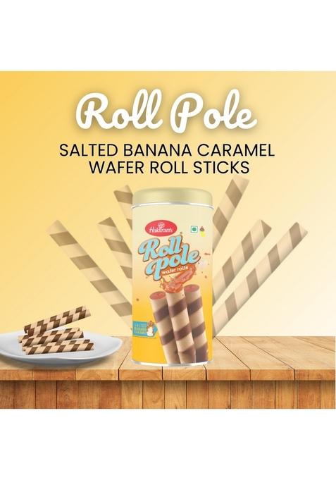 Haldiram's Roll Pole Salted Banana Caramel 150gm | Wafer Sticks Smooth Crunchy Snacks Crackers Sweet Treats for Kids Rich and Creamy Ready to Eat Dessert