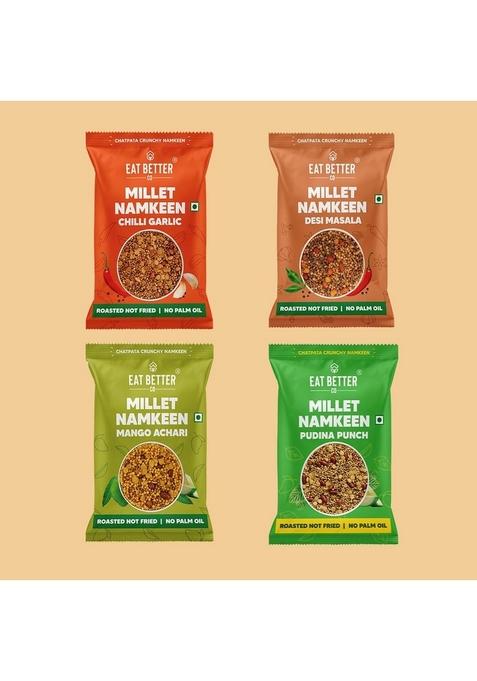 EAT BETTER CO Millet Namkeen Combo Four Flavours Desi Masala, Mango Achari, Pudina Punch and Chilli Garlic 4 * 30 grams