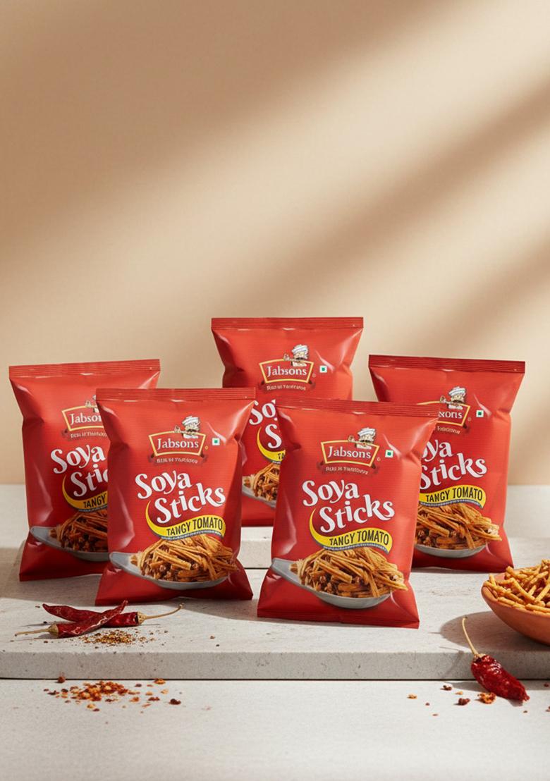 Jabsons SOYA Sticks Tangy Tomato 180g (Pack of 6) | Spicy & Crunchy Snack Anytime Zero Transfat Cholestrol