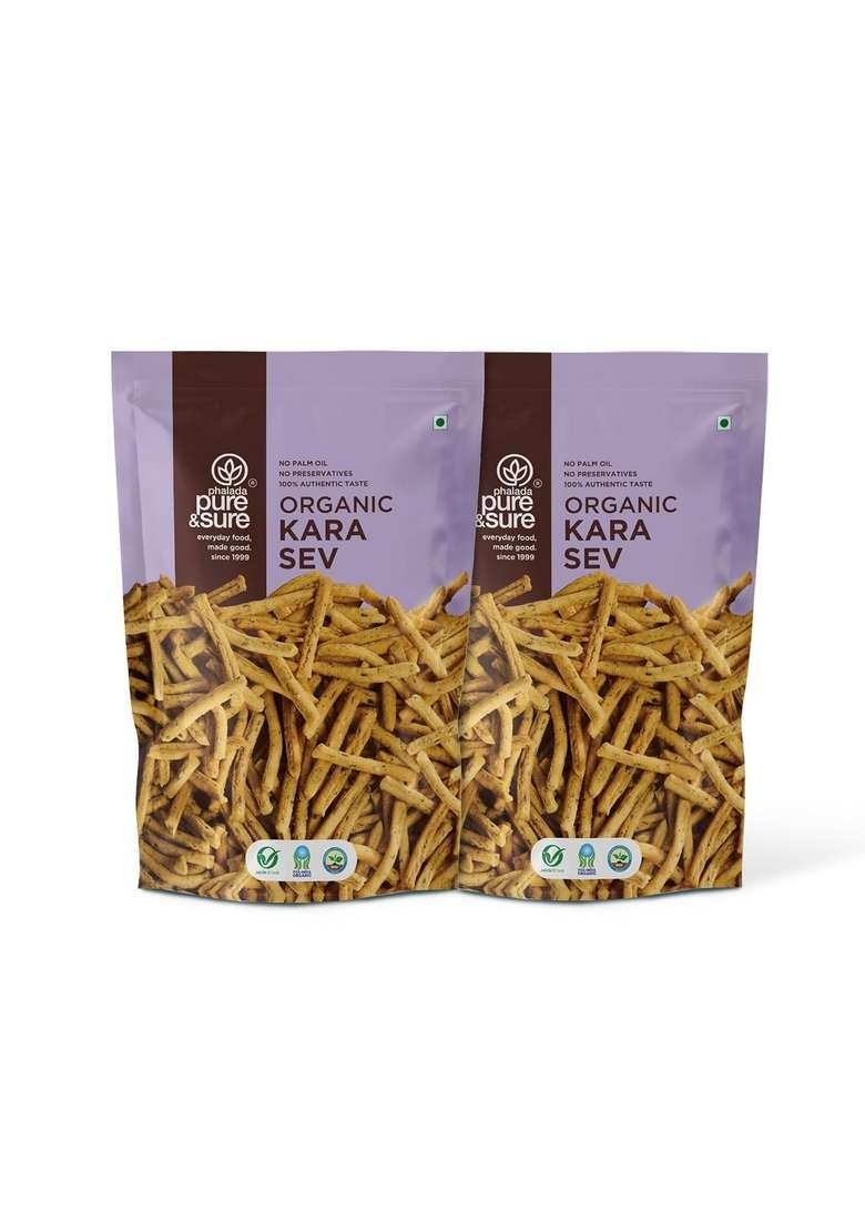 Phalada Pure & Sure Organic Kara Sev 200gm| Delicious Crunchy Namkeen Snacks | Ready to Eat Tea Time Snacks, Cholesterol Free, No Trans Fats, Preservatives| 100gm each (Pack of 2) - Indya