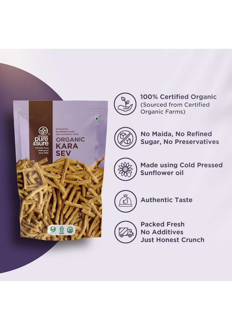 Phalada Pure & Sure Organic Kara Sev 200gm| Delicious Crunchy Namkeen Snacks | Ready to Eat Tea Time Snacks, Cholesterol Free, No Trans Fats, Preservatives| 100gm each (Pack of 2) - Indya